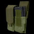 Condor Double M4 Mag Pouch in green, holds two black rifle magazines and features a Velcro flap closure.