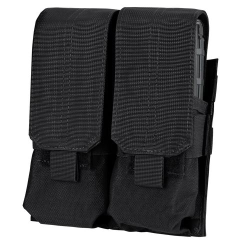 A close-up of two Condor Double M4 Mag Pouches in black, featuring hook-and-loop fastener flaps, attached side by side.