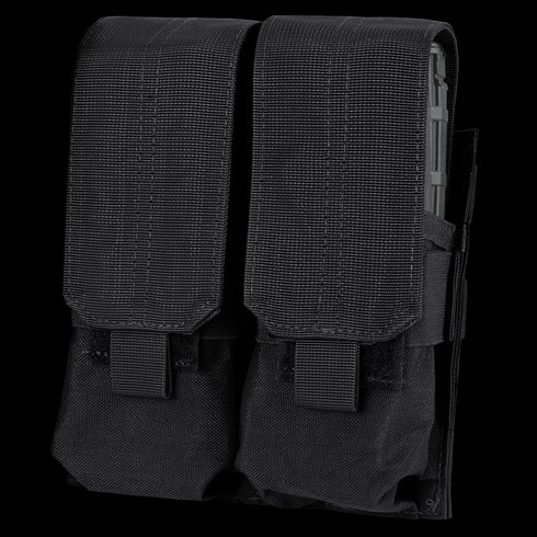 A close-up of two Condor Double M4 Mag Pouches in black, featuring hook-and-loop fastener flaps, attached side by side.