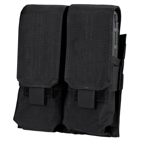 A close-up of two Condor Double M4 Mag Pouches in black, featuring hook-and-loop fastener flaps, attached side by side.