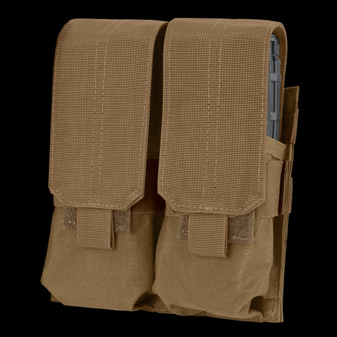The Condor Double M4 Mag Pouch is a tan, durable fabric pouch featuring two flap covers with hook-and-loop closures to securely hold your magazines.