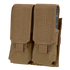 The Condor Double M4 Mag Pouch is a tan, durable fabric pouch featuring two flap covers with hook-and-loop closures to securely hold your magazines.