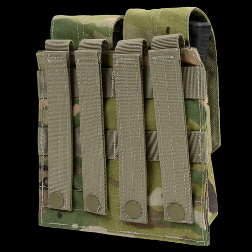 The Condor Double M4 Mag Pouch - Scorpion OCP features camouflage design, four compartments, and snap-fastened front straps—ideal for law enforcement or shooting range use.