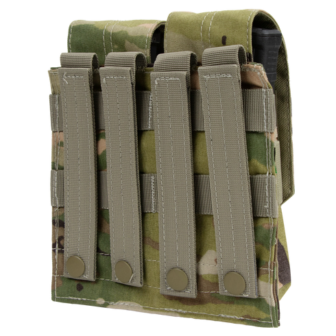 The Condor Double M4 Mag Pouch - Scorpion OCP features camouflage design, four compartments, and snap-fastened front straps—ideal for law enforcement or shooting range use.