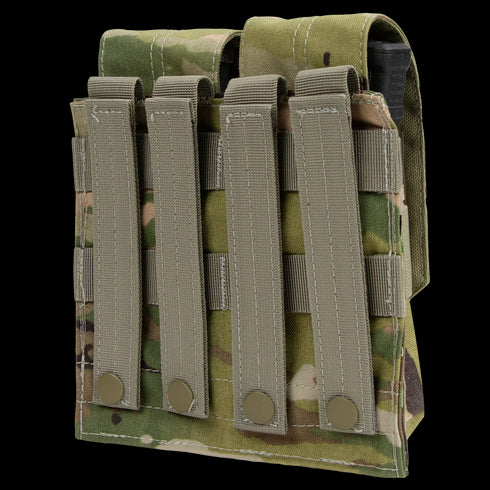 The Condor Double M4 Mag Pouch - Scorpion OCP features a camouflage pattern with two compartments for magazines and secure snap-button closures.
