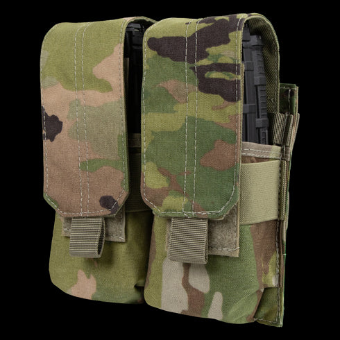 The Condor Double M4 Mag Pouch in Scorpion OCP holds two black mags with flap covers, featuring a camouflage design ideal for military or first responder tactical use.