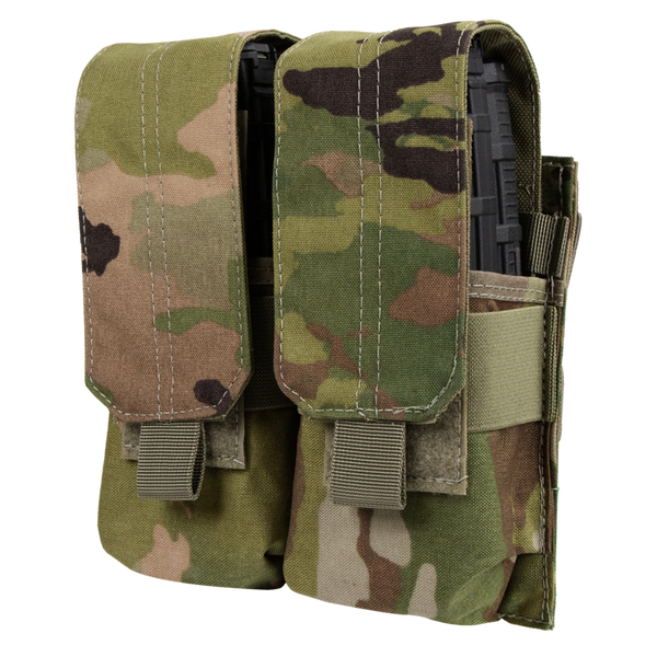 The Condor Double M4 Mag Pouch in Scorpion OCP features flap closures and holds two rifle magazines.