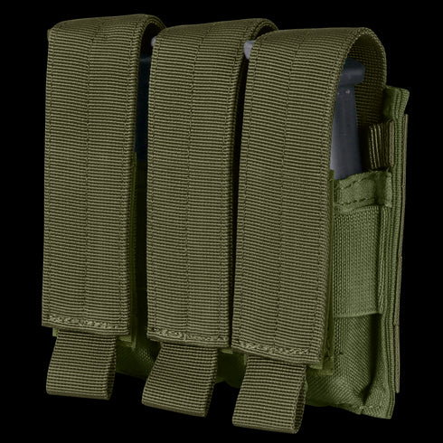 The Condor Triple Pistol Mag Pouch features three green nylon pouches with flap covers and Velcro closures, attached side by side.