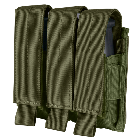 The Condor Triple Pistol Mag Pouch features three green nylon pouches with flap covers and Velcro closures, attached side by side.
