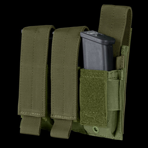 The Condor Triple Pistol Mag Pouch in Olive Drab features three compartments for pistol magazines, each secured by Velcro flaps.