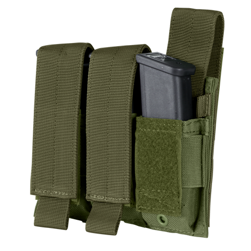 The Condor Triple Pistol Mag Pouch in Olive Drab features three compartments for pistol magazines, each secured by Velcro flaps.