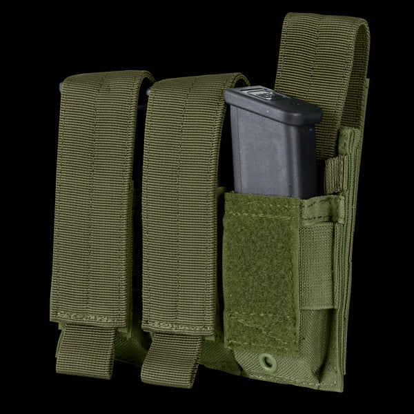 The Condor Triple Pistol Mag Pouch in Olive Drab features three compartments for pistol magazines, each secured by Velcro flaps.