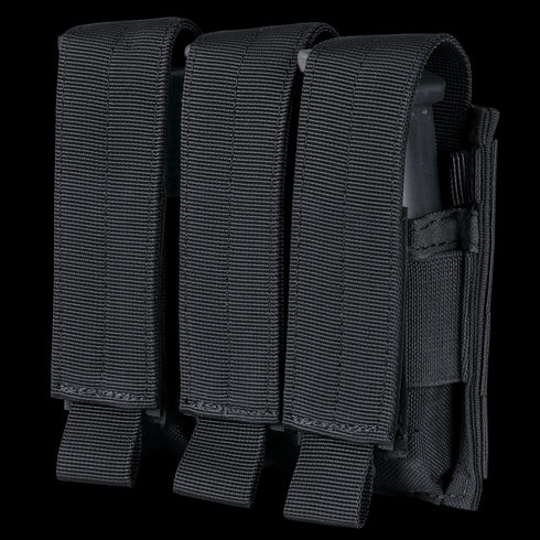 The Condor Triple Pistol Mag Pouch features heavy-duty black fabric and three magazine compartments, each with a flap cover and secure closure.