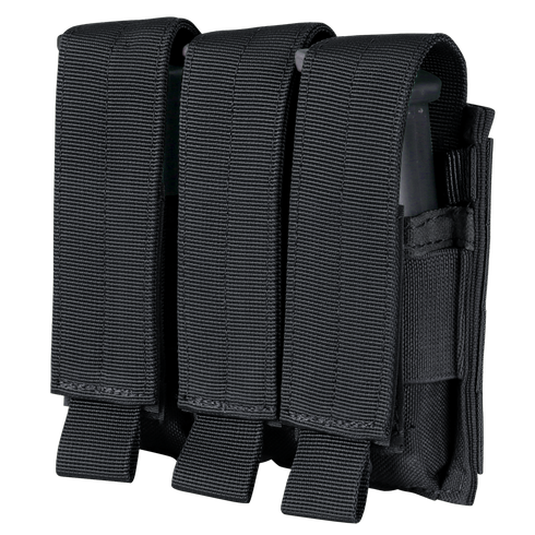 The Condor Triple Pistol Mag Pouch features heavy-duty black fabric and three magazine compartments, each with a flap cover and secure closure.