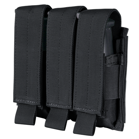 The Condor Triple Pistol Mag Pouch features heavy-duty black fabric and three magazine compartments, each with a flap cover and secure closure.