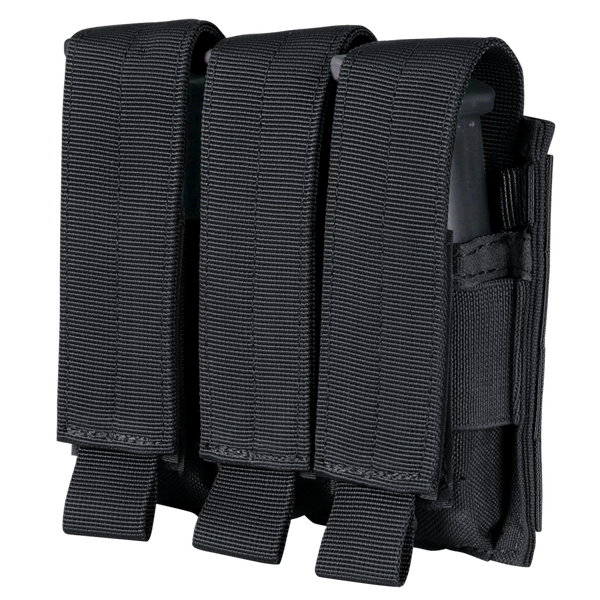 The Condor Triple Pistol Mag Pouch features heavy-duty black fabric and three magazine compartments, each with a flap cover and secure closure.