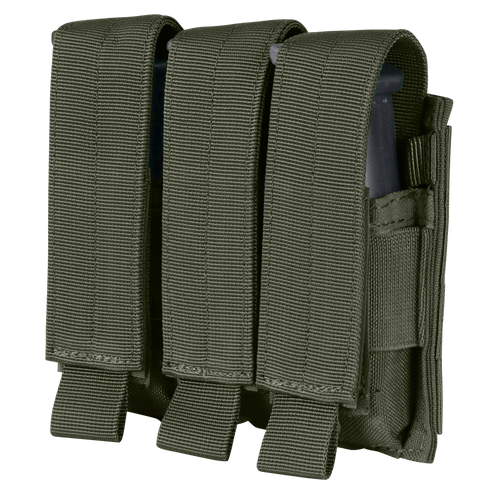 The Condor Triple Pistol Mag Pouch features three compartments in olive drab green fabric, each holding a pistol magazine and secured with flap closures.