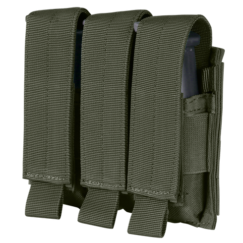 The Condor Triple Pistol Mag Pouch features three compartments in olive drab green fabric, each holding a pistol magazine and secured with flap closures.