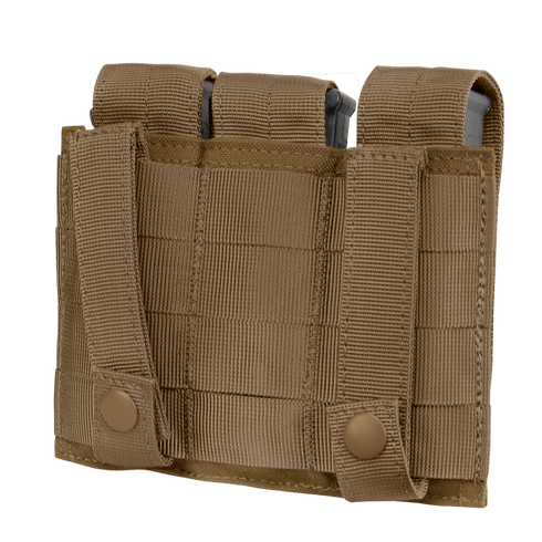 Condor Triple Pistol Mag Pouch: Tan tactical nylon pouch featuring MOLLE webbing, two snap-button straps, and two compartments for securely holding magazines or gear.
