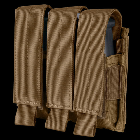 Condor Triple Pistol Mag Pouch in tan fabric holds three pistol magazines, each with individual flaps and pull tabs for secure closure.