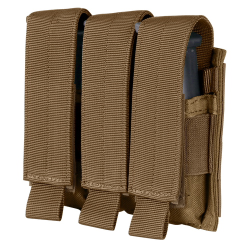 Condor Triple Pistol Mag Pouch in tan fabric holds three pistol magazines, each with individual flaps and pull tabs for secure closure.