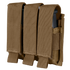 Condor Triple Pistol Mag Pouch in tan fabric holds three pistol magazines, each with individual flaps and pull tabs for secure closure.
