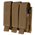 Condor Triple Pistol Mag Pouch in tan fabric holds three pistol magazines, each with individual flaps and pull tabs for secure closure.