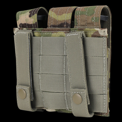 The Condor Triple Pistol Mag Pouch in Scorpion OCP features MOLLE webbing and snap-button closures, designed for secure attachment to tactical gear.