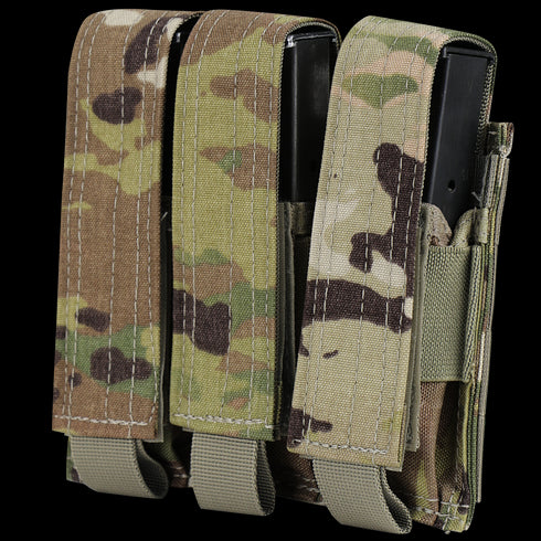 The Condor Triple Pistol Mag Pouch in Scorpion OCP holds three magazines, features camouflage Scorpion OCP color, and secures mags with Velcro flaps.