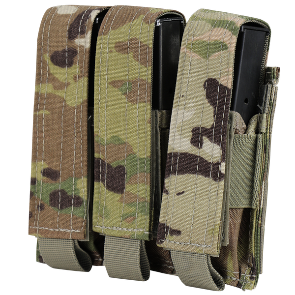 The Condor Triple Pistol Mag Pouch in Scorpion OCP holds three magazines, features camouflage Scorpion OCP color, and secures mags with Velcro flaps.