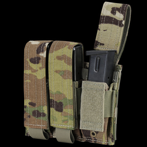 Condor Triple Pistol Mag Pouch in Scorpion OCP camo holds two black rectangular magazines, one partially visible and secured by a Velcro strap.