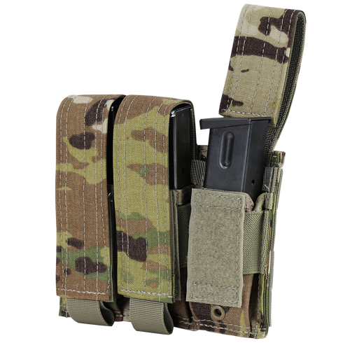 Condor Triple Pistol Mag Pouch in Scorpion OCP camo holds two black rectangular magazines, one partially visible and secured by a Velcro strap.