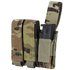 Condor Triple Pistol Mag Pouch in Scorpion OCP camo holds two black rectangular magazines, one partially visible and secured by a Velcro strap.