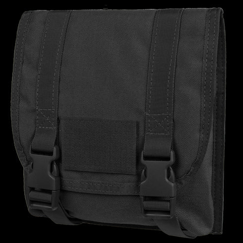 The Condor Large Utility Pouch is a black tactical pouch with a flap cover, two adjustable straps, quick-release buckles, and a rectangular Velcro patch on the front.