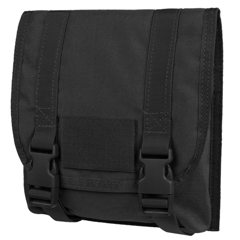 The Condor Large Utility Pouch is a black tactical pouch with a flap cover, two adjustable straps, quick-release buckles, and a rectangular Velcro patch on the front.