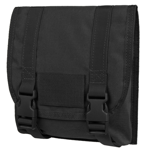 The Condor Large Utility Pouch is a black tactical pouch with a flap cover, two adjustable straps, quick-release buckles, and a rectangular Velcro patch on the front.