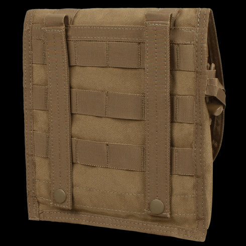 The Condor Large Utility Pouch is a tan tactical pouch featuring MOLLE webbing and snap-button straps for secure attachment to compatible gear or bags.
