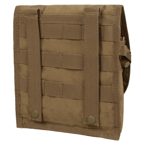 The Condor Large Utility Pouch is a tan tactical pouch featuring MOLLE webbing and snap-button straps for secure attachment to compatible gear or bags.