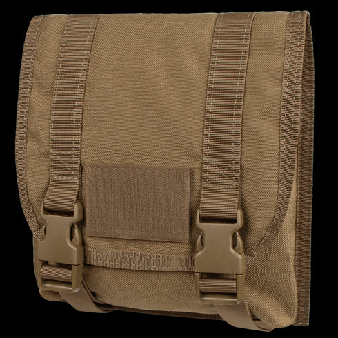 The Condor Large Utility Pouch is a brown tactical pouch featuring a flap closure, two adjustable straps, and plastic buckle fasteners on the front.