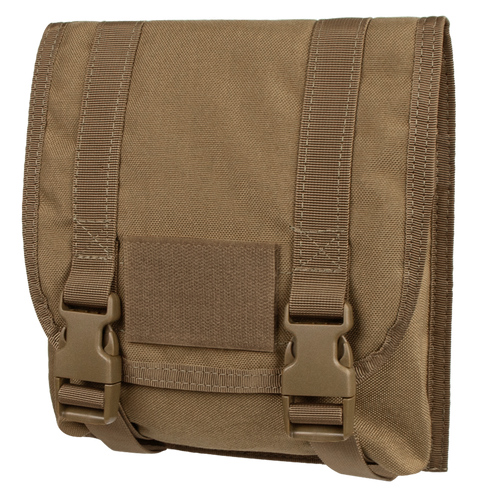 The Condor Large Utility Pouch is a brown tactical pouch featuring a flap closure, two adjustable straps, and plastic buckle fasteners on the front.
