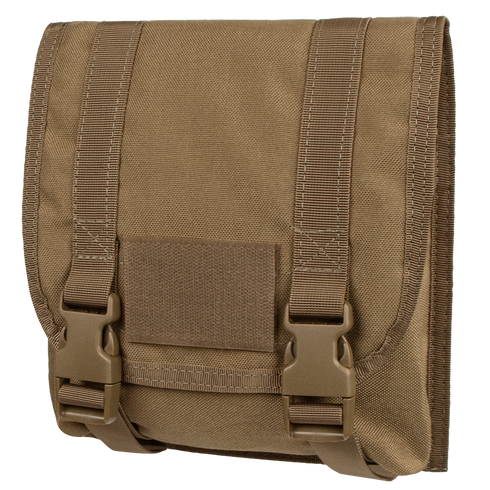 The Condor Large Utility Pouch is a brown tactical pouch featuring a flap closure, two adjustable straps, and plastic buckle fasteners on the front.