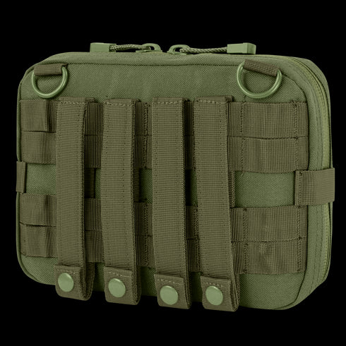 The Condor T & T Pouch in olive green features MOLLE webbing, four snap closures, dual zipper pulls, and top D-rings, ideal for attaching to gear or backpacks.