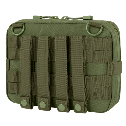 The Condor T & T Pouch in olive green features MOLLE webbing, four snap closures, dual zipper pulls, and top D-rings, ideal for attaching to gear or backpacks.