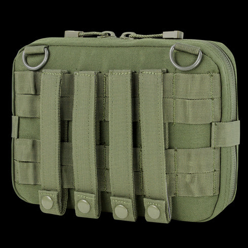 The Condor T & T Pouch - MultiCam features MOLLE webbing, four snap-button straps, metal D-rings, and a zippered closure for secure tactical storage.