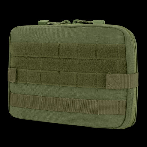 The Condor T & T Pouch in Olive Drab features front MOLLE webbing, a top zipper closure, and reinforced stitching, designed for modular attachment to compatible gear.