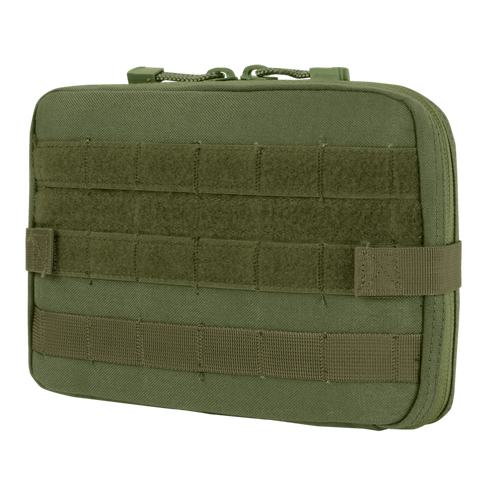 The Condor T & T Pouch in Olive Drab features front MOLLE webbing, a top zipper closure, and reinforced stitching, designed for modular attachment to compatible gear.