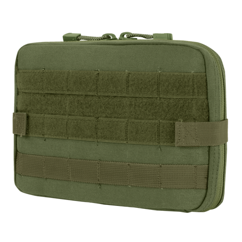 The Condor T & T Pouch in Olive Drab features front MOLLE webbing, a top zipper closure, and reinforced stitching, designed for modular attachment to compatible gear.