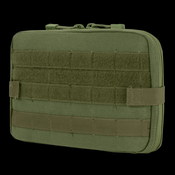 The Condor T & T Pouch in Olive Drab features front MOLLE webbing, a top zipper closure, and reinforced stitching, designed for modular attachment to compatible gear.