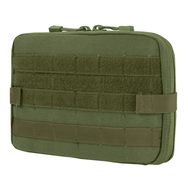 The Condor T & T Pouch in Olive Drab features front MOLLE webbing, a top zipper closure, and reinforced stitching, designed for modular attachment to compatible gear.