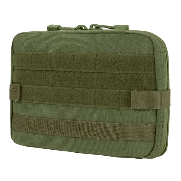 The Condor T & T Pouch in Olive Drab features front MOLLE webbing, a top zipper closure, and reinforced stitching, designed for modular attachment to compatible gear.